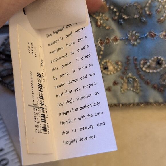 NWT Megan Park handmade beaded silk drawstring bag light blue - Picture 9 of 13